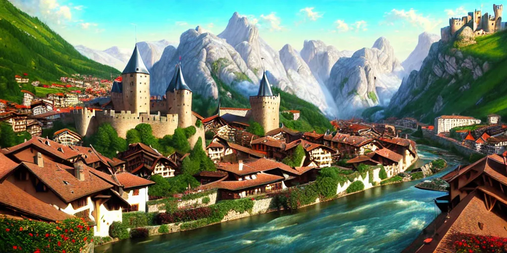 Image similar to view of medieval walled city nestled in a mountain with small river flowing through center, large castle high up in a mountain peak in the background, alpine architecture, half - timbered, tudor style houses, chalet, soft colors, cozy, very beautiful, intricate, majestic, concept art, artgerm, james gurney, trending on art station