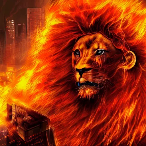 Image similar to fire lion, art, cyberpunk