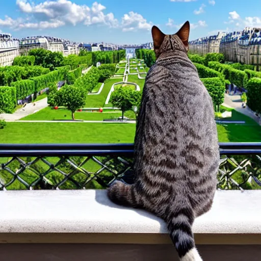 Prompt: cat back looking on paris view panorama