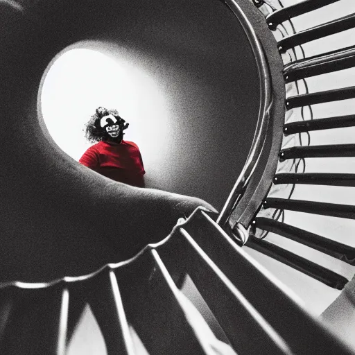 Image similar to a man pushing a clown down a spiral staircase