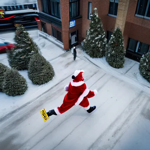 Image similar to santa making an escape with a sack of cash, running from a bank, 8 k, drone photo