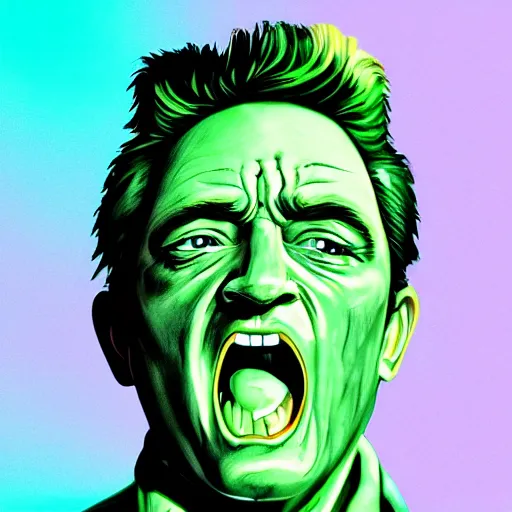 Prompt: Johnny Cash screaming cowboy wall street trader face is melting with dollar signs in eyes, liquified, chrome reflections, black ink, glue dropping, snake oil skin, lit by one neon light from the top, rim lights purple and green, hyper bullish, octane render, cgsociety, autodesk, behance, kiki picasso style