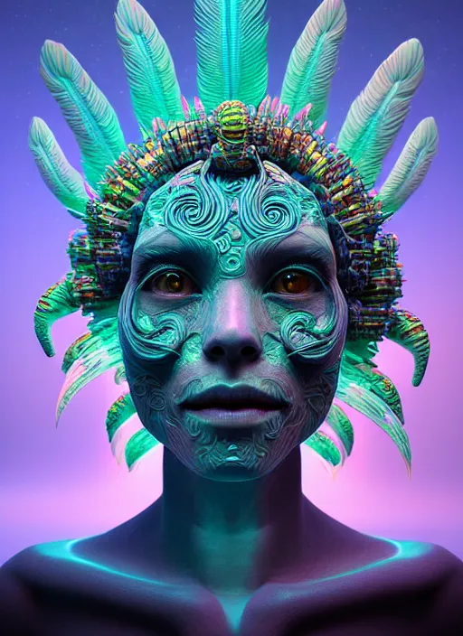 Image similar to 3 d goddess face portrait, sigma 5 0 0 mm f / 5. beautiful intricate highly detailed quetzalcoatl skull and feathers. bioluminescent, plasma, lava, ice, water, wind, creature, thunderstorm! artwork by tooth wu and wlop and beeple and greg rutkowski, 8 k trending on artstation,