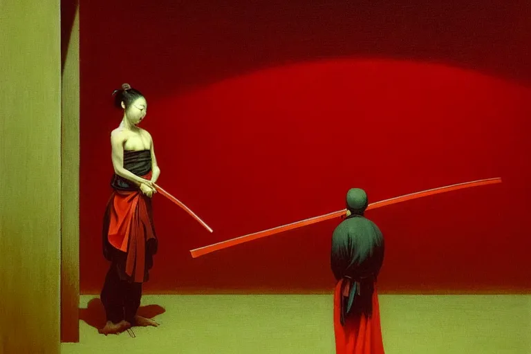 Image similar to only with red, a red samurai harakiri, tokio, a lot of frogs watch, in the style of beksinski, parts by edward hopper, parts by rodcenko, parts by yue minjun, intricate and epic composition, red by caravaggio, insanely quality, highly detailed, masterpiece, red light, artstation, 4 k