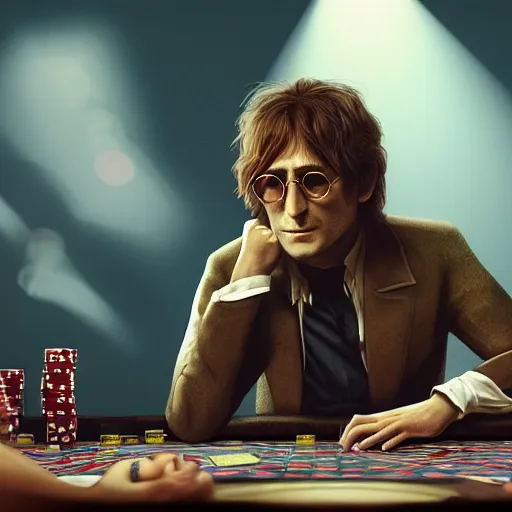 Image similar to john lennon playing poker, hyper detailed, dramatic lighting, cgsociety, realistic, hyper detailed, insane details, intricate, dramatic lighting, hypermaximalist, golden ratio, rule of thirds, octane render, weta digital, micro details, ultra wide angle, artstation trending, 8 k,