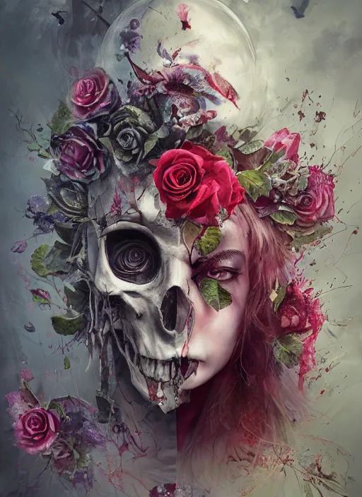 Image similar to Alice in Wonderland,roses,bullets,highly detailed,half skull face,cinematic,8k,by Stanley Artgermm,Tom Bagshaw,Greg Rutkowski,Carne Griffiths, Ayami Kojima, Beksinski, Giger,trending on DeviantArt,hyper detailed,horror, full of colour