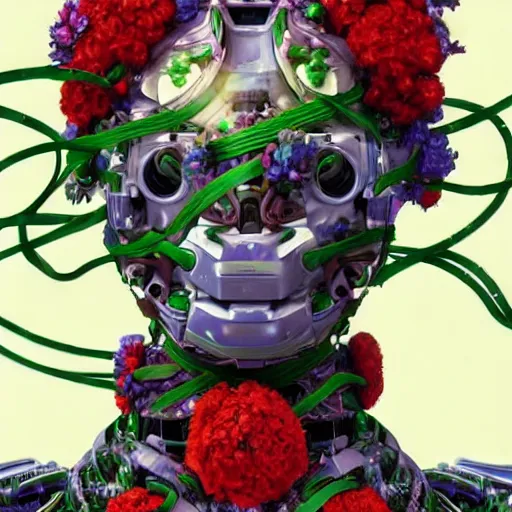 Image similar to colourful vfx art - portrait of army mecha robot wrapped in flowers & vines, art by utagawa kunisada & james jean, volumetric light, ray tracing, sharp, detailed, digital painting, illustration, highly detailed, intricate detail, unreal engine, octane render, global light, pinterest, behance, art station,