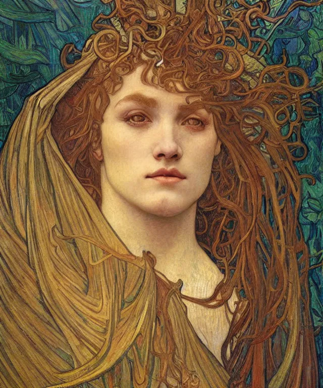 Image similar to detailed realistic beautiful young medieval queen face portrait by jean delville, alphonse mucha, vincent van gogh, and marco mazzoni, art nouveau, symbolist, visionary, gothic, pre - raphaelite