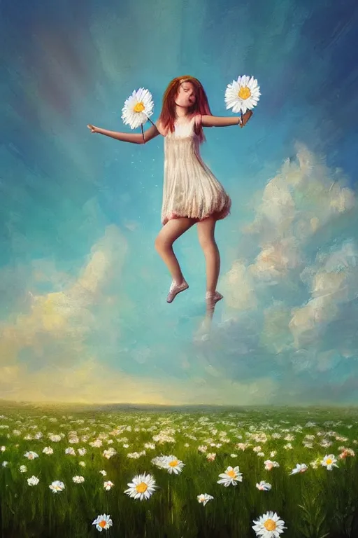 Image similar to giant white daisy flower as head, girl dancing in a flower field, surreal photography, sunrise, dramatic light, impressionist painting, colorful clouds, digital painting, artstation, simon stalenhag