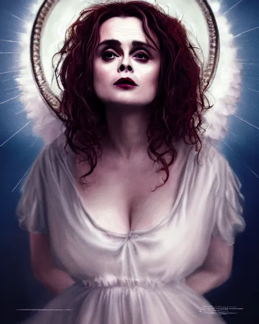 Image similar to Fullbody potrait of Helena Bonham Carter as an angel, hyper realistic, prismatic highlights, atmosphere, gorgeous, depth of field, cinematic, macro, concept art, 50mm, artstation, wlop, elegant, epic, weta digital, focus, octane render, v-ray, 8k, kodak portra, art by Liberatore