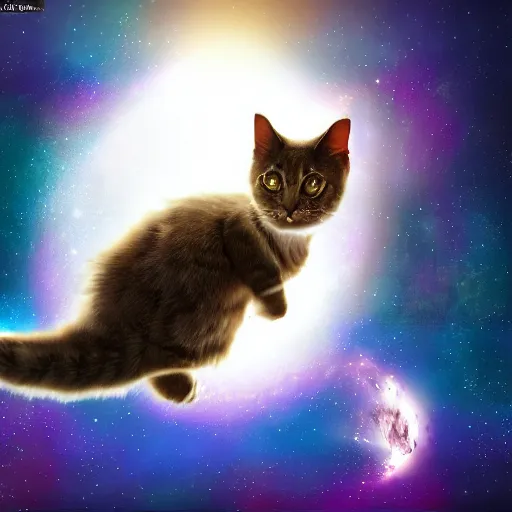 Prompt: fantasy cat floating in space, high detail, fantasy art, concept art, 4 k, ultra detail, computer art