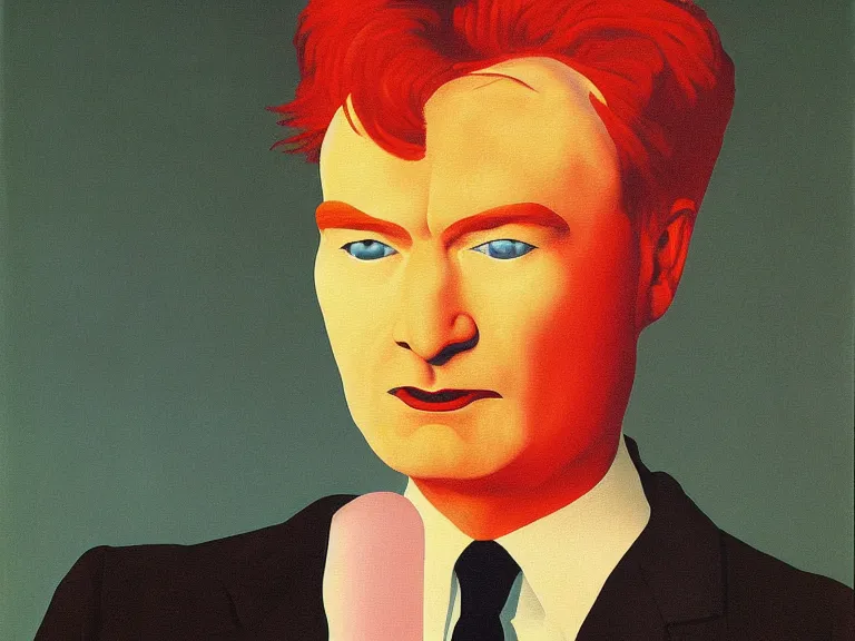 Image similar to Late Night with Conan O'Brien painting by rene magritte, high detail, high resolution