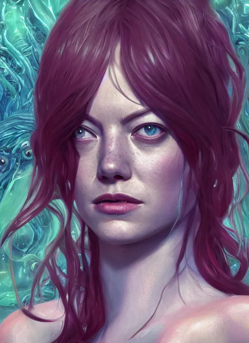 Prompt: portrait emma stone as cthulhu, hyper detailed, digital art, trending in artstation, cinematic lighting, studio quality, smooth render, unreal engine 5 rendered, octane rendered, art style by klimt and nixeu and ian sprigger and wlop and krenz cushart.