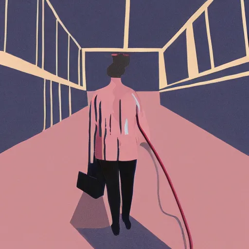 Prompt: woman from behind in leather taking out the trash in a dark room, dramatic light, painted by david hockney and jonas wood, behance contest winner, retrofuturism, photorealistic,