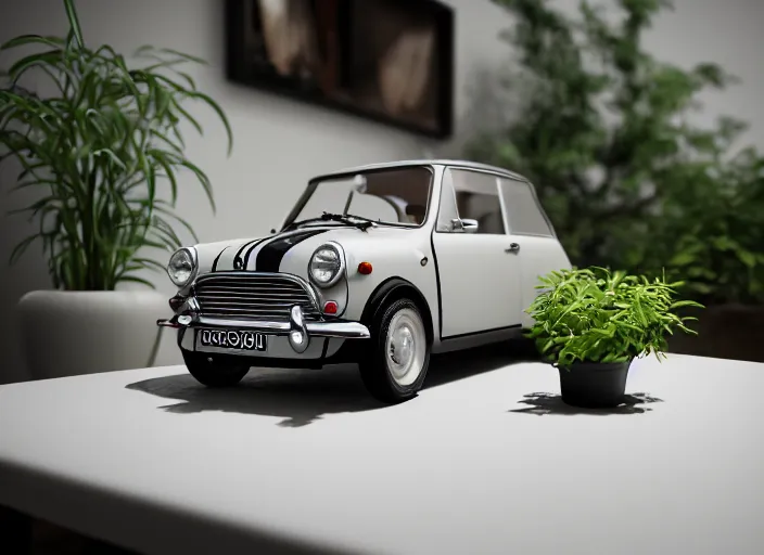 Image similar to a small miniature of a Mini Cooper S 1963 on a white table near a vase with a plant, 3d render, octane render, unreal engine 5, path tracing, serene landscape, calm, relaxing, beautiful landscape, highly detailed, high quality, 4k, symmetrical, low contrast, product photo