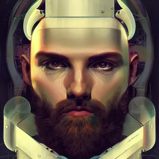 Image similar to portrait of bearded android, coy, circuitry visible in head, in the style of ex machina, karol bak, alphonse mucha, greg rutkowski, award winning, hr giger, artstation