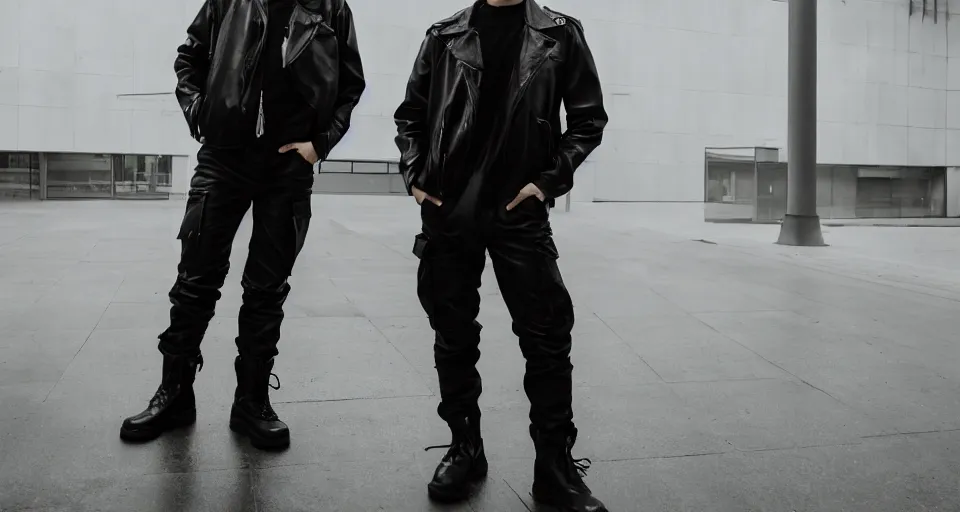 Image similar to A portrait photo of a white japanese fox wearing an open, long, black leather jacket , black cargo pants, a black shirt, and black army boots standing in an empty, foggy parking structure