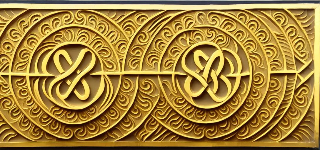 Prompt: ornate bold high - relief deep carving of infinity symbols on a gold panel, art deco