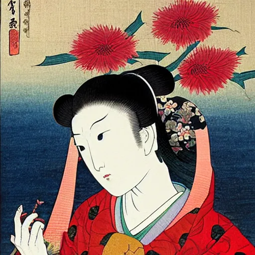 Prompt: Renaissance oil painting, ukiyo-e, surreal, manga young lady flowers