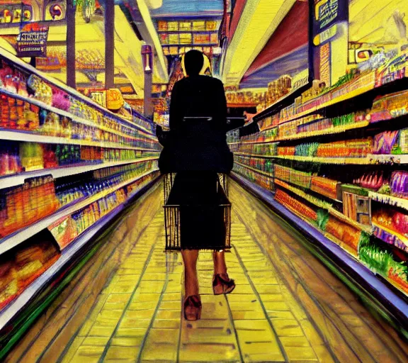 Image similar to low angle photography cleopatra in a grocery store, deep focus, intricate, elegant, highly detailed, digital painting, artstation, concept art, matte, sharp focus, illustration, art by nan goldin, cinematographyby jom jarmusch