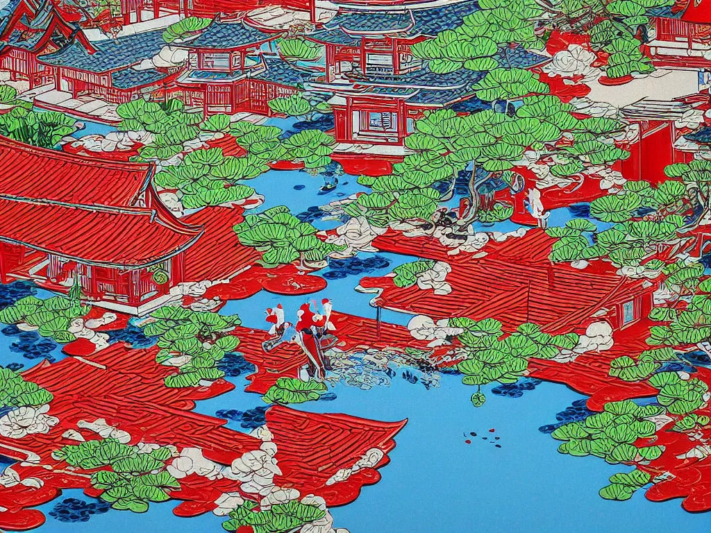 Prompt: close - up image of a japanese red house with a pond, with stormtroopers sitting around it, a combination of pop - art and traditional japanese painting styles, the style of andy warhol, roy lichtenstein and jackie tsai, bright palette, acrylic on canvas