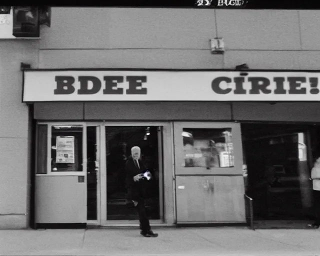 Prompt: camera footage of joe biden outside corner store with time code, high exposure, dark, monochrome, camera, grainy, CCTV, security camera footage, timestamp, zoomed out