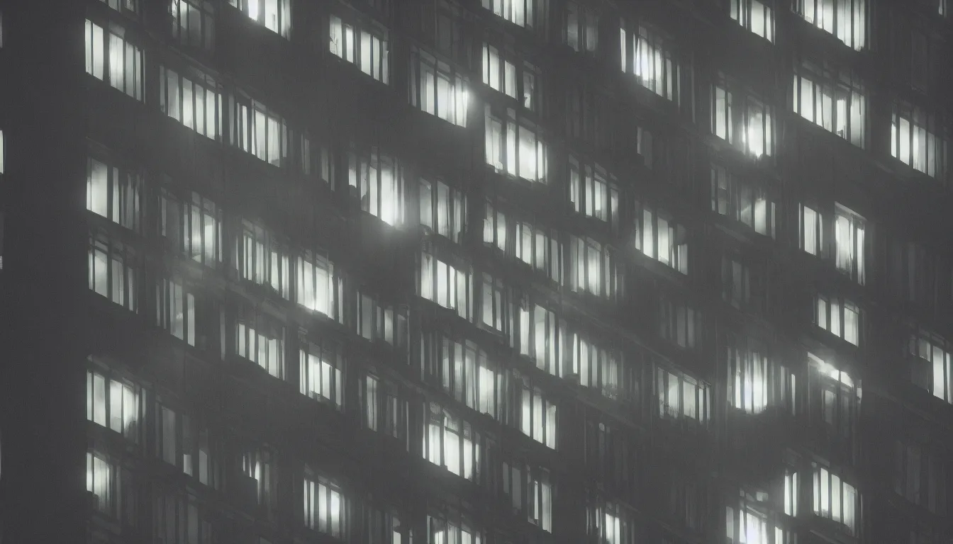 Image similar to looking into the windows of a small tower block from outside , observing the private lives of the human inhabitants, volumetric lighting shines through the misty nighttime sky , Kodak portra 400 , upscale