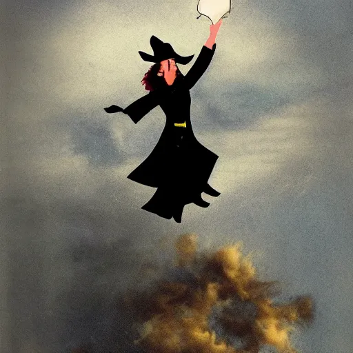 Image similar to witch in labcoat flying on broom