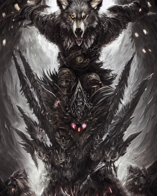 Image similar to Wolf, Anthropomorphized, as warlord general on skull throne, dark fur, evil, glowing eyes, magic the gathering artwork, D&D, fantasy, cinematic lighting, centered, symmetrical, highly detailed, digital painting, artstation, concept art, smooth, sharp focus, illustration, volumetric lighting, epic Composition, 8k, art by Akihiko Yoshida and Greg Rutkowski and Craig Mullins, heroic pose, oil painting, cgsociety, Battlefield background, explosions, arrows