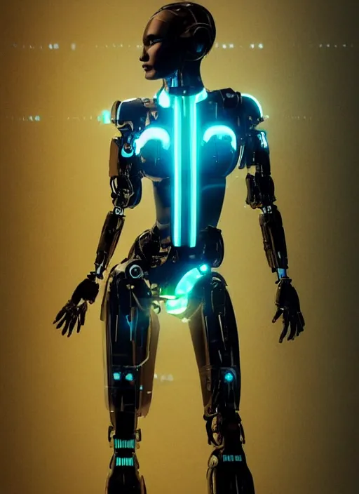 Image similar to photorealistic detailed full body picture of a female cyborg, pretty face, with head arms legs feet and hands, standing on the ground, glamour pose, neon lights, humanoid, extreme, uhdr, book called the most influental cyborg in 2 0 5 0, fine details, highly detailed, intricate, smooth sharp focus, symmetrical features, environmental portrait, realistic render