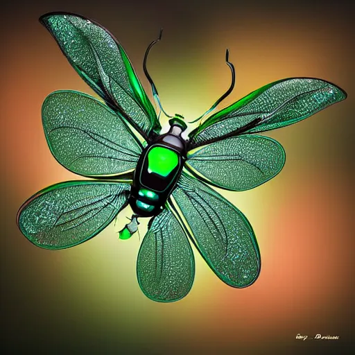 Image similar to green shiny rose chafer with quadcopter drone wings creating turbulence dark background digital art award winning photography