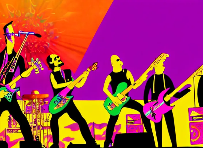 Prompt: members of the band tool performing on stage at a very large concert venue, colorful,modern, disney poster, detailed,