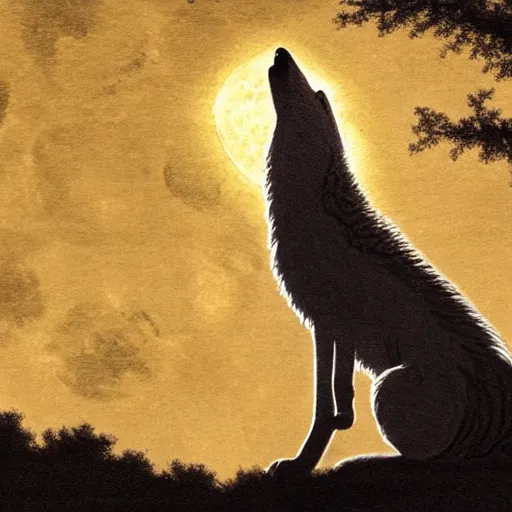 Image similar to The Wolf Howling at the moon, full moon, magic light, in style of Ted Nasmith