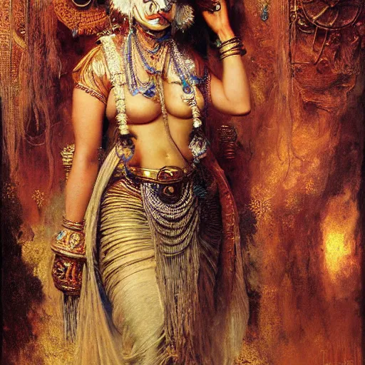 Image similar to detailed potrait of hindu traditional woman blindfolded by high - tech steam punk face armour, girl graceful,, painting by gaston bussiere, craig mullins, j. c. leyendecker, lights, art by ernst haeckel, john william godward, hammershøi,,