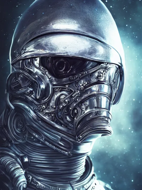 Prompt: portrait art of 8k ultra realistic retro futuristic astronaut , galaxy reflected helmet , detailed intricate ornate armour,blade runner, cybernetic, full of colour, cinematic lighting, battered, trending on artstation, 4k, hyperrealistic, focused, extreme details,unreal engine 5, cinematic, masterpiece, art by ayami kojima, giger