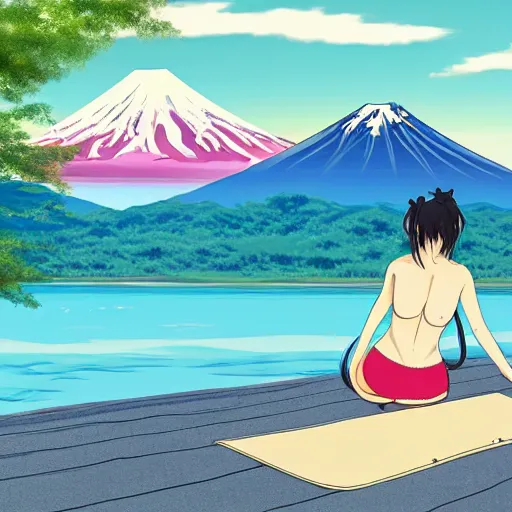 Image similar to moescape anime key visual of a slice of life girl relaxing in a sauna, mount fuji in the background, pixiv