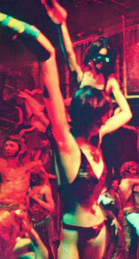 Prompt: antichrist dancing at Studio 54, disco, saturated color, high contrast, depth of field, 1976, bad vhs