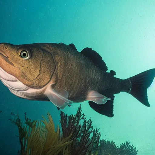 Image similar to incredibly detailed atlantic cod, very realistic, underwater, beautiful photo, award winning underwater photography, canon 5 d, 4 k,