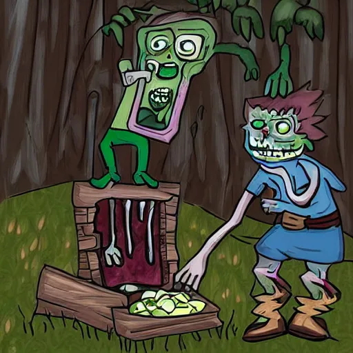 Prompt: a zombie puts out a bowl of soup as a trap for adventurers looking to loot his fake corpse, but they walk right past it and into a pitfall while he laughs at them from behind the bushes, digital art