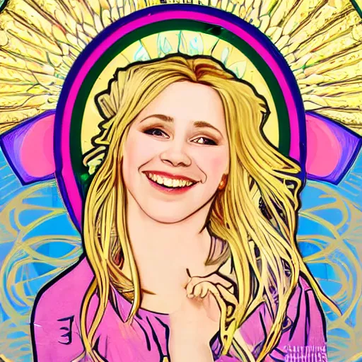 Image similar to portrait of a blonde, happy, laughing, beautiful, danish scrum master. she is looking a you with loving, calm eyes. the background is colorful and inspired by alphonse mucha