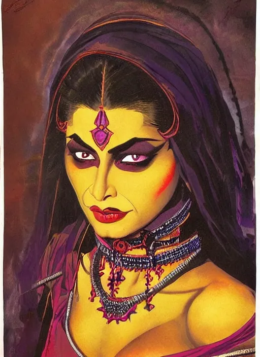 Image similar to portrait of muscular indian vampiress, jeweled veil, strong line, saturated color, beautiful! coherent! by frank frazetta, high contrast, minimalism