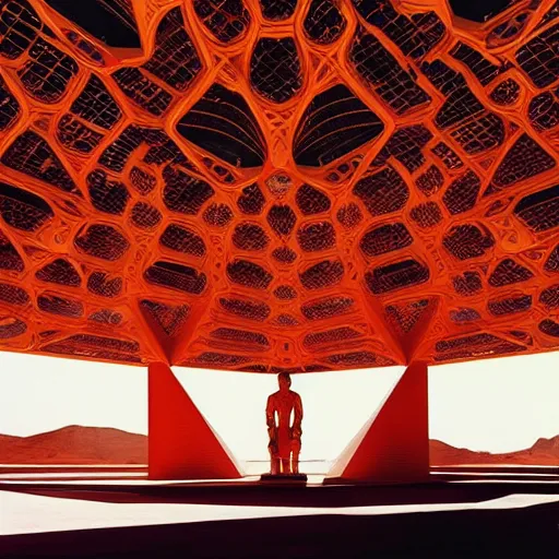 Prompt: interior of a futuristic temple of the sun with gold, red and white marble panels, in the desert, by buckminster fuller and syd mead, intricate contemporary architecture, photo journalism, photography, cinematic, national geographic photoshoot