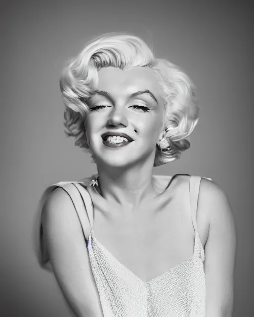 Image similar to Beautiful Head and shoulders portrait of smiling flirty seductive Marilyn monroe with platinum blonde hair, wearing a camisole by arney freytag, artstation, 35mm, fashion photoshoot, laying on a bed in a photo studio, golden hour, bokeh, rim lighting, fashion pose, octane, 4k