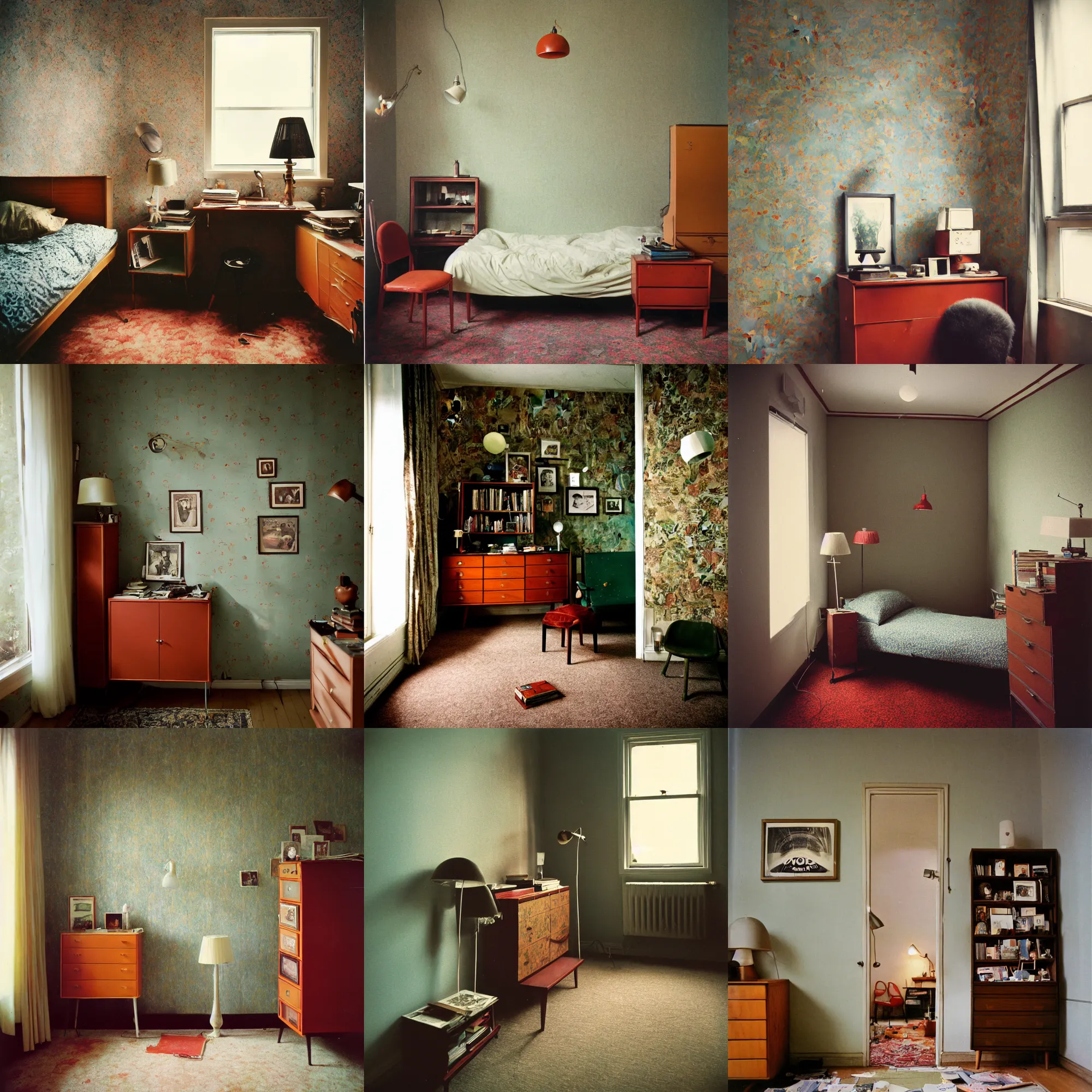 Image similar to kodak portra 4 0 0, wetplate, 8 mm extreme fisheye, award - winning portrait by britt marling of a 1 9 6 0 s room, picture frames, shining lamps, dust, 1 9 6 0 s metal bauhaus furniture, wallpaper, carpet, books, muted colours,