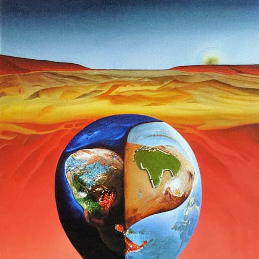 Prompt: the earth in front of a man's face, surrealism, rene magriite, painting