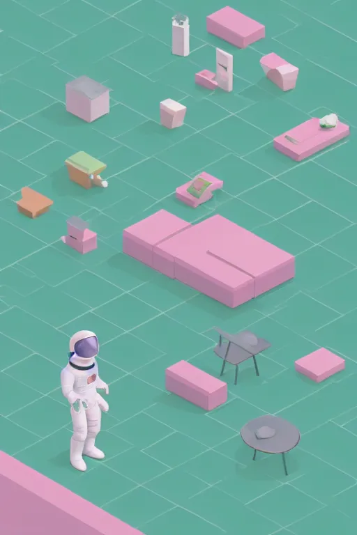 Image similar to A pastel pink low poly astronaut in an pastel green isometric room. .