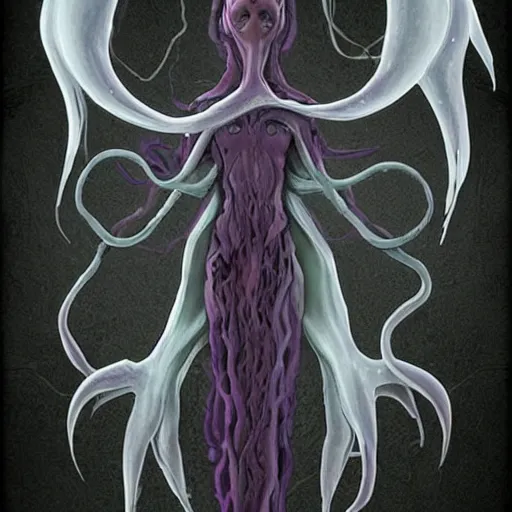 Image similar to concept designs for an ethereal wraith like figure with a squid like parasite latched onto its head and long tentacle arms that flow lazily but gracefully at its sides like a cloak while it floats around a forgotten kingdom in the snow searching for lost souls and that hides amongst the shadows in the trees, this character has hydrokinesis and electrokinesis for the resident evil game franchise with inspiration from the franchise Bloodborne and the mind flayer from stranger things on netflix and concept art from BioShock infinite