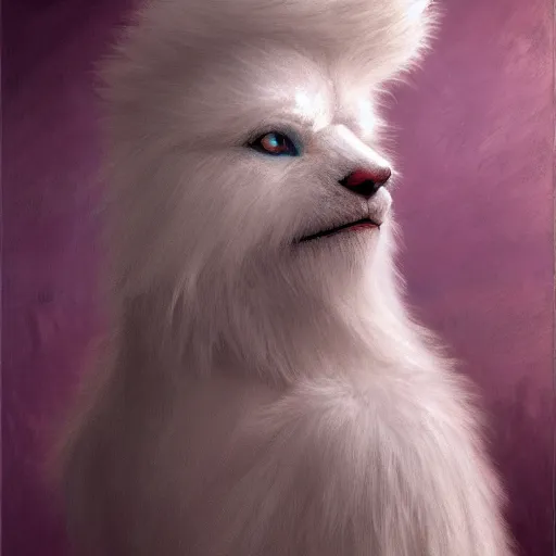 Image similar to a photo of a white fur monster standing in a purple room, diffuse lighting, fantasy, intricate, elegant, highly detailed, lifelike, photorealistic, digital painting, artstation, illustration, concept art, smooth, sharp focus, art by john collier and albert aublet and krenz cushart and artem demura and alphonse mucha