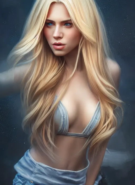 Image similar to photo of a gorgeous female with long blonde hair in the style of stefan kostic, realistic, full body shot, wide angle, sharp focus, 8 k high definition, insanely detailed, intricate, elegant, art by stanley lau and artgerm, floating embers