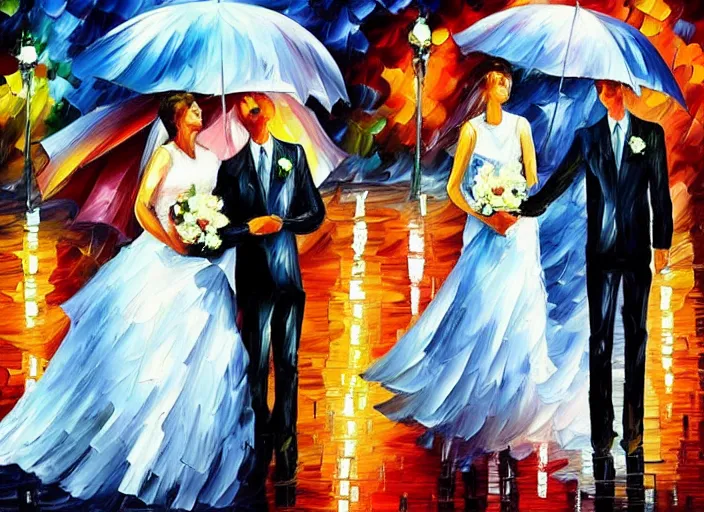 Prompt: A romantic wedding couple with umbrella, groom , bride, painting by Leonid Afremov